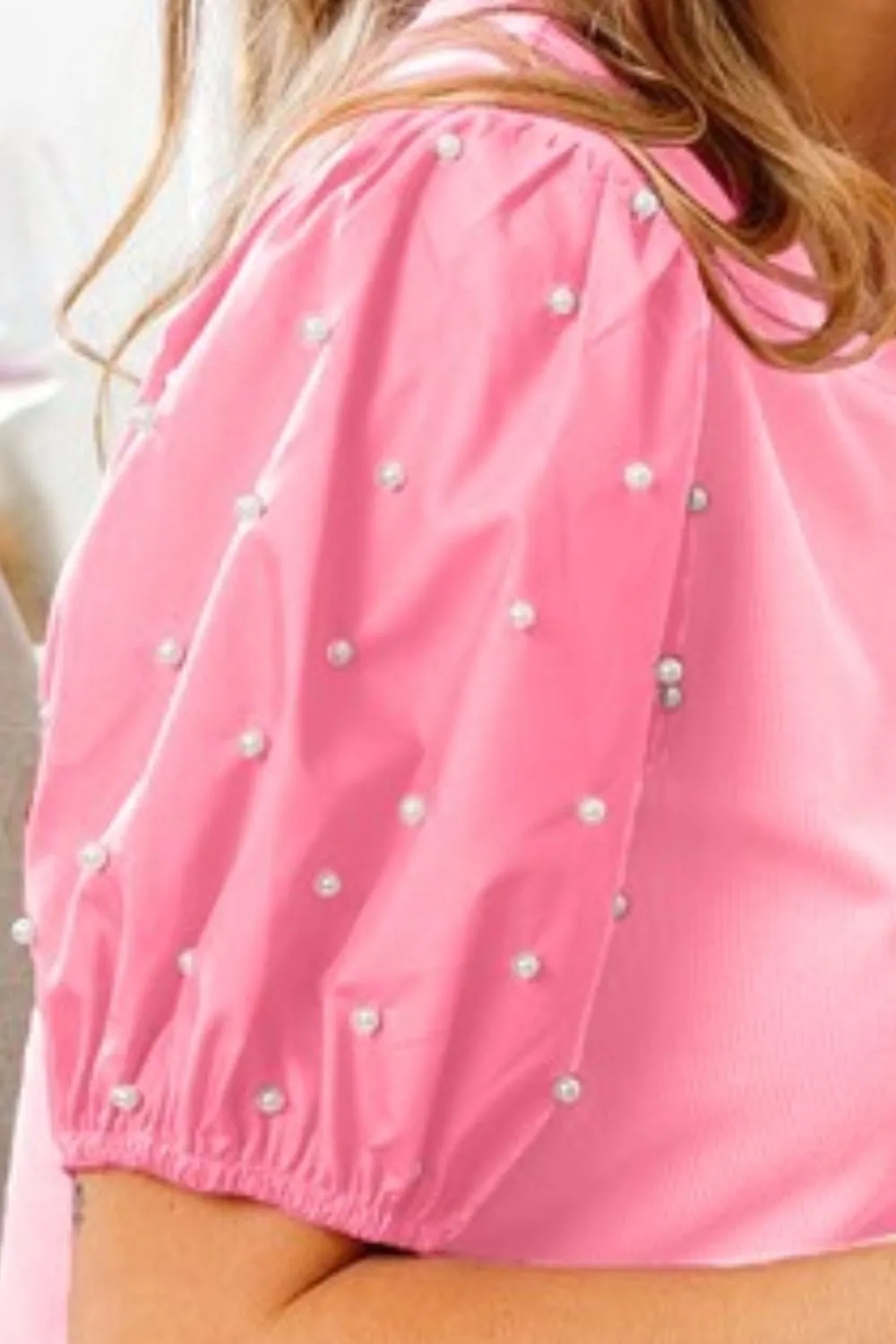 Pearl Beaded Short Puff Sleeve Top, image 3