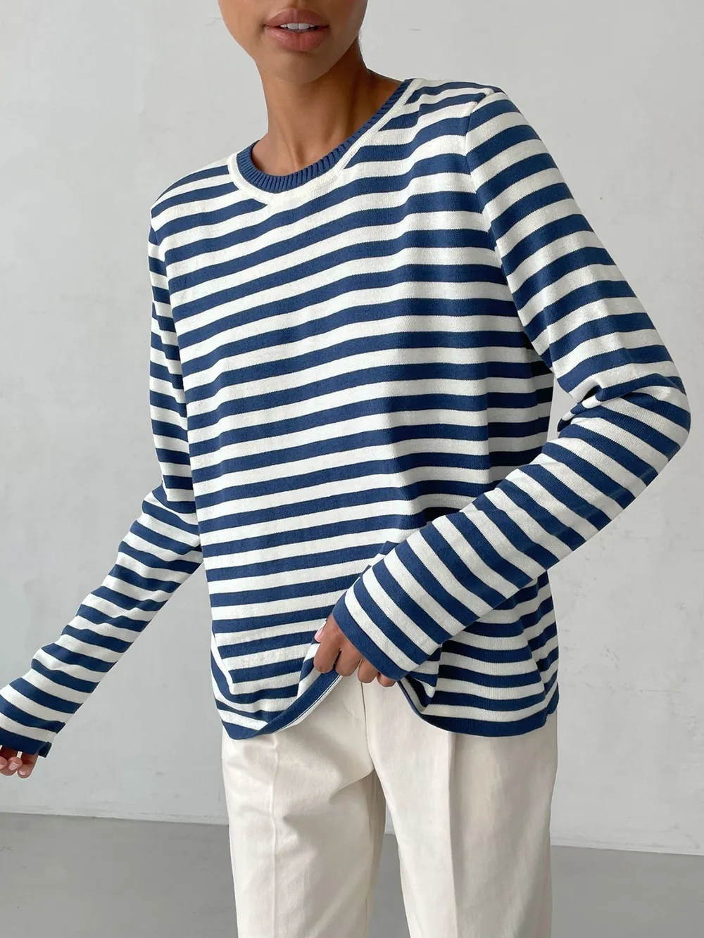 Striped Round Neck Long Sleeve Sweater, image 12