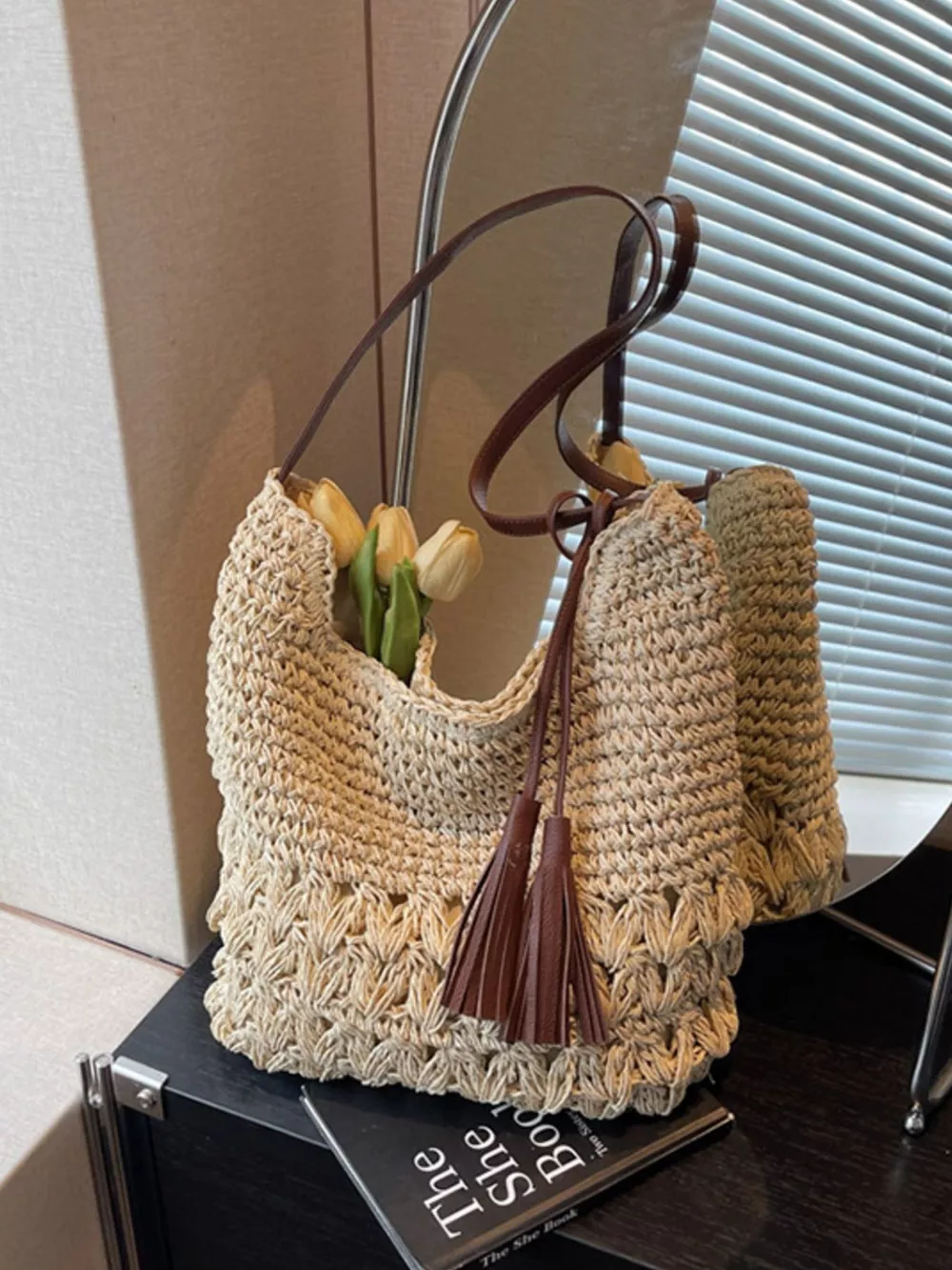 Woven Straw Shoulder Bag with Tassels, image 3