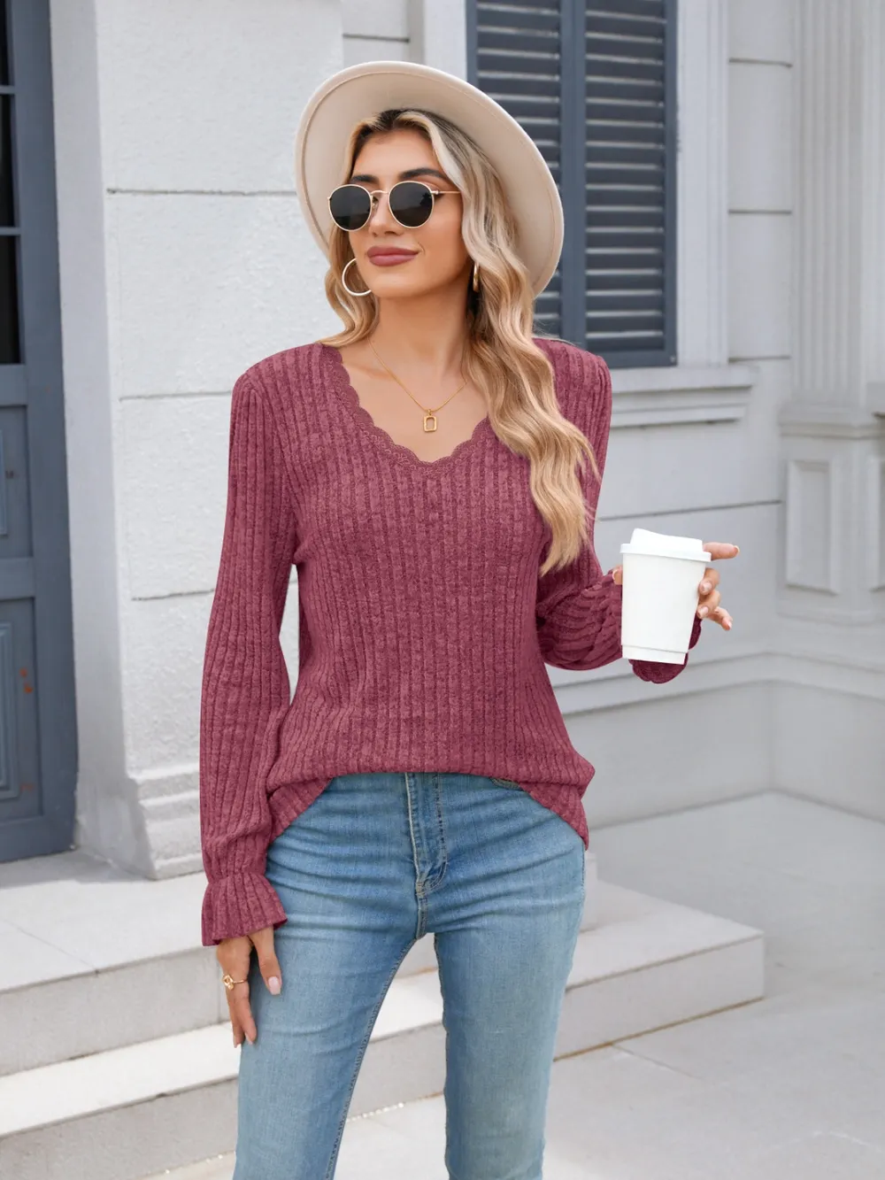 Lace Detail V-Neck Long Sleeve T-Shirt, image 36