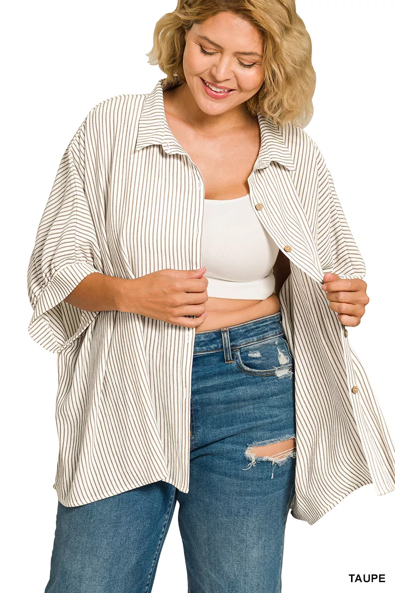Full Size Woven Stripe Button Down Boxy Shirt Plus Size, image 3