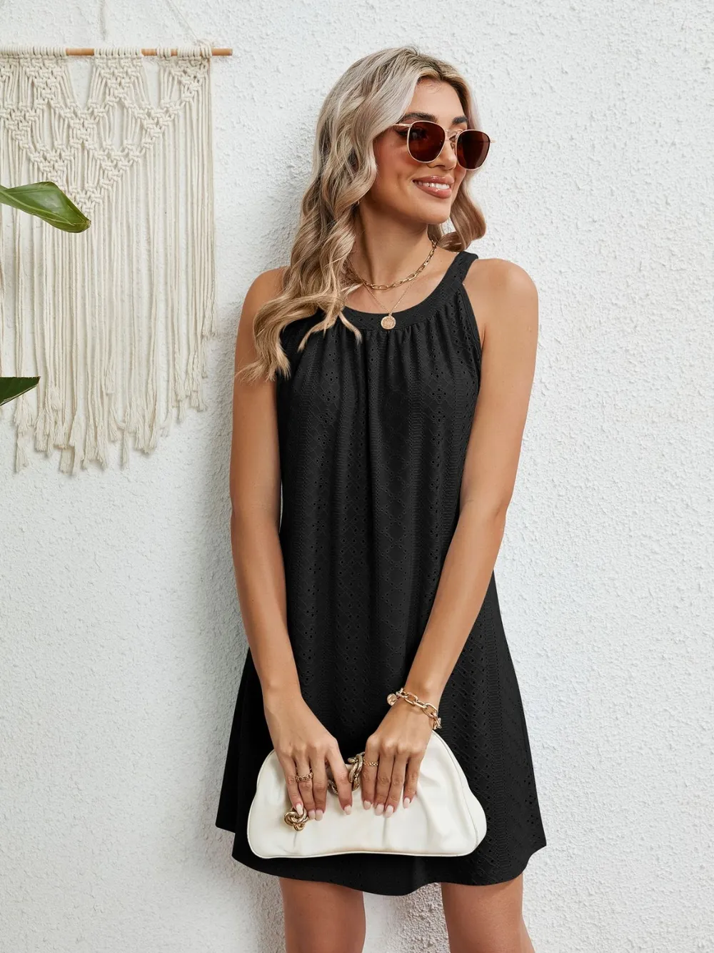 Eyelet Round Neck Sleeveless Dress