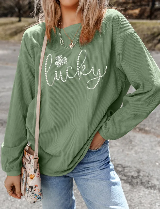 LUCKY Rhinestone Round Neck Long Sleeve Sweatshirt, image 3