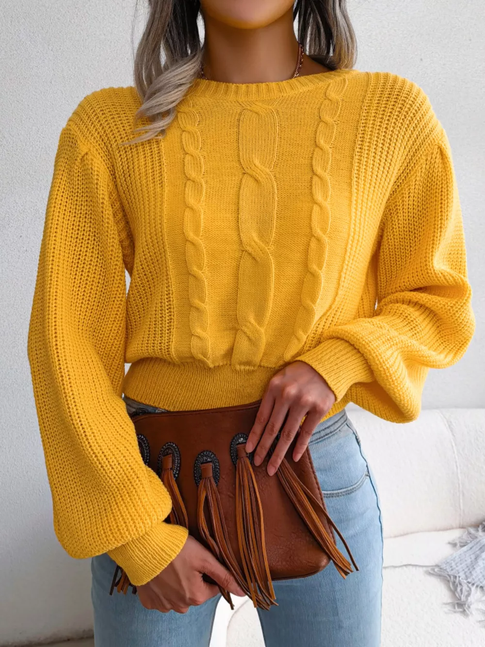 Cable Knit Round Neck Cropped Sweater, image 4