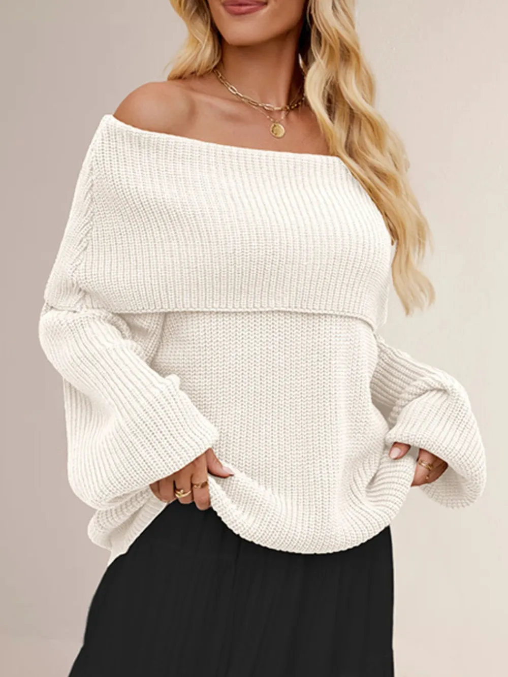 Fold-Over Collar Long Sleeve Sweater, image 10