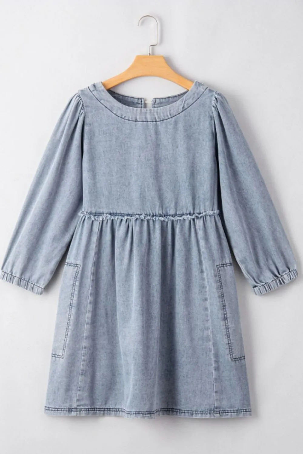 Cutout Round Neck Balloon Sleeve Denim Dress, image 3