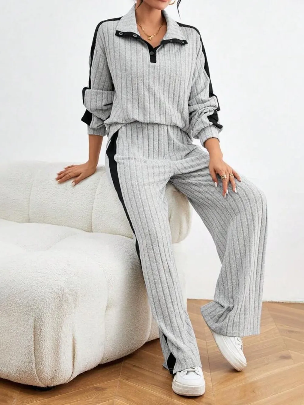 Contrast Collared Neck Long Sleeve Top and Pants Set, image 6