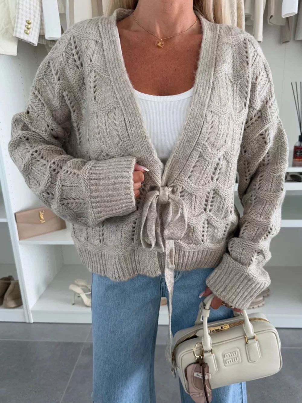 Tie-Front Openwork Cardigan, image 6
