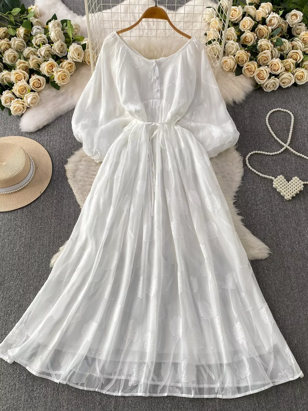 Button Front Puff Sleeve Chiffon Dress, image 11