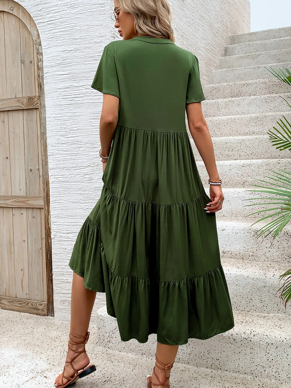 Tiered Notched Short Sleeve Midi Dress, image 3
