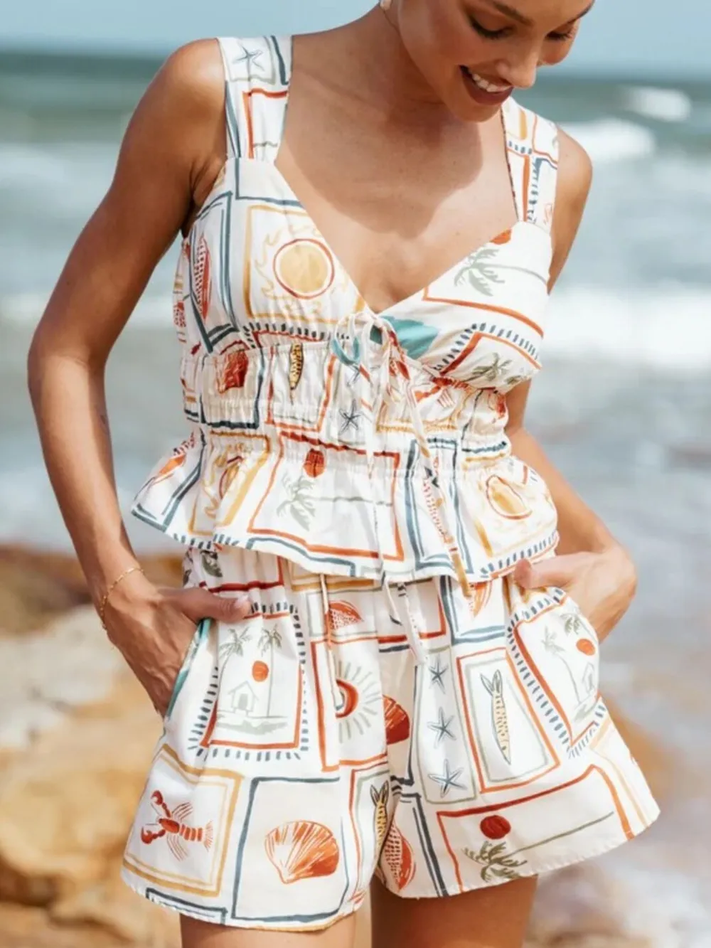 Printed Smocked Tank and Shorts Set, image 6