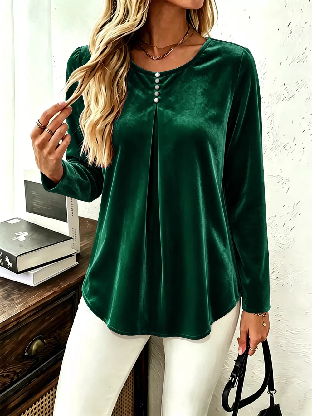 Velvet Long Sleeve Ruched Top, image 4