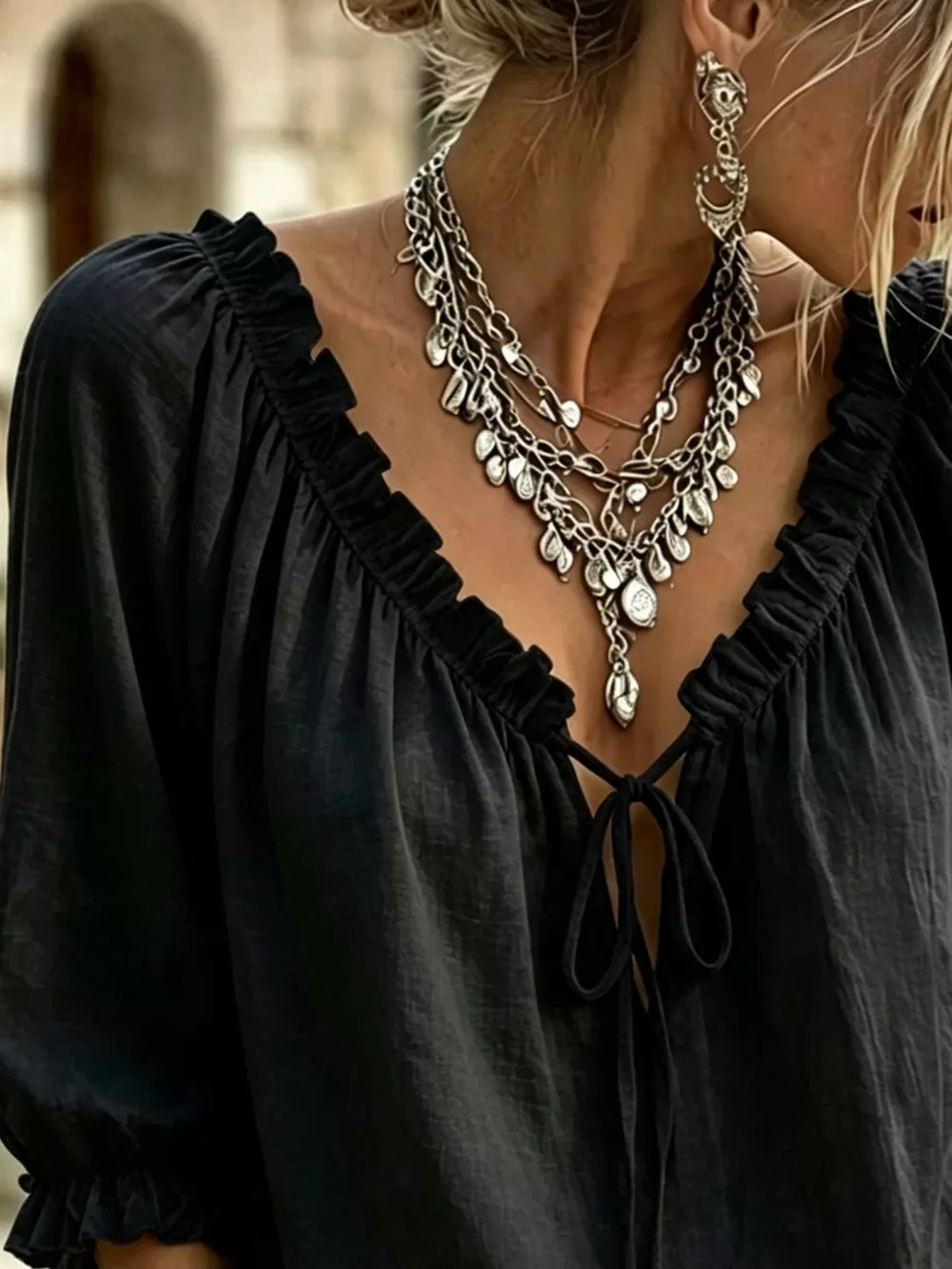 Frill Tie Neck 3/4 Sleeve Blouse, image 6