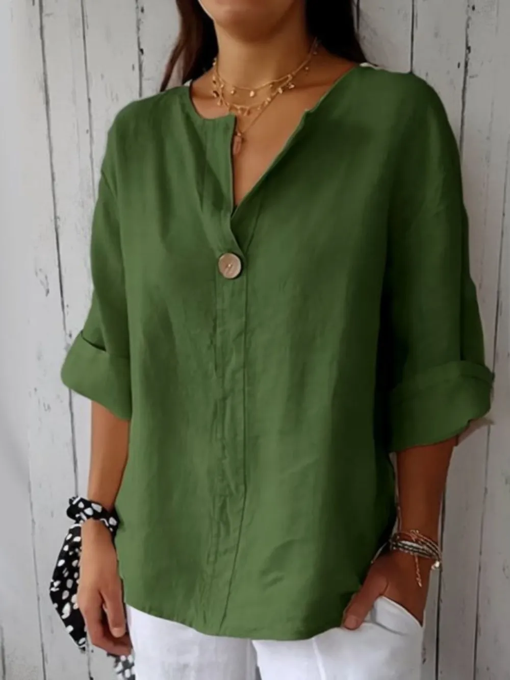 Full Size Linen Blend Notched Blouse Plus Size, image 10