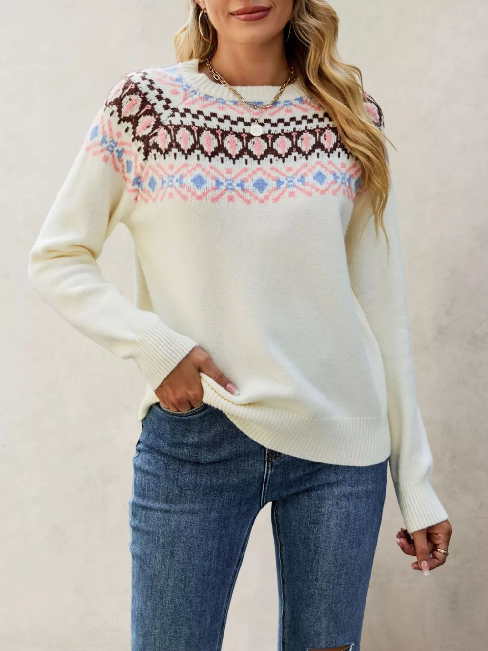 Fair Isle Pattern Crew Neck Sweater, image 4