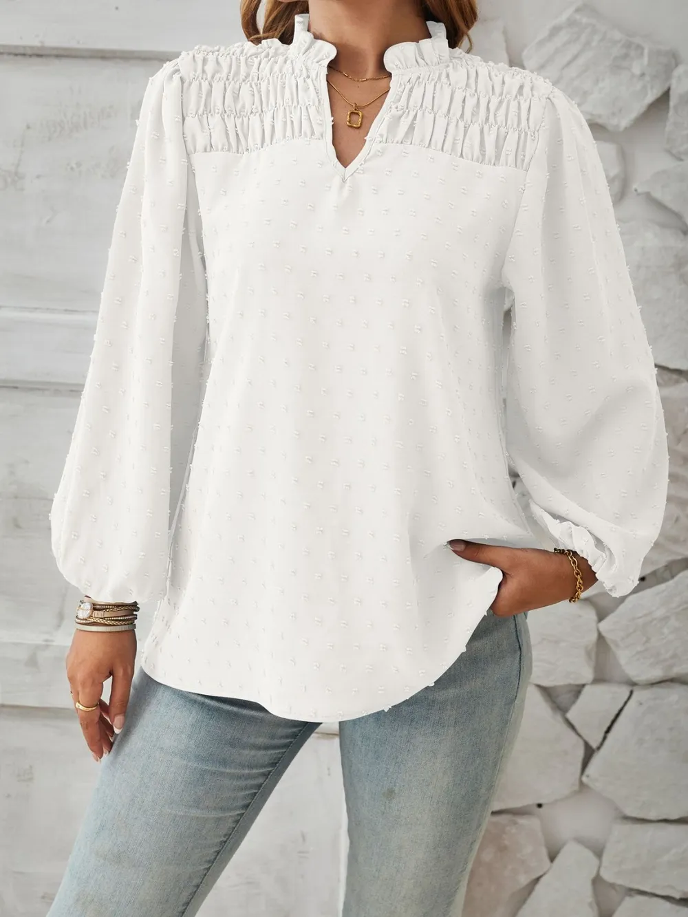 Ruched Swiss Dot Notched Balloon Sleeve T-Shirt, image 6