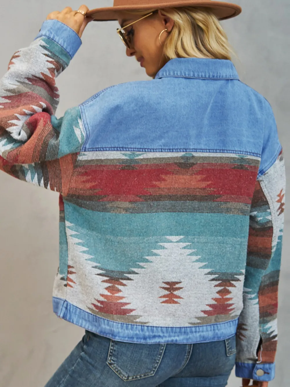 Geometric Button Up Dropped Shoulder Denim Jacket, image 4