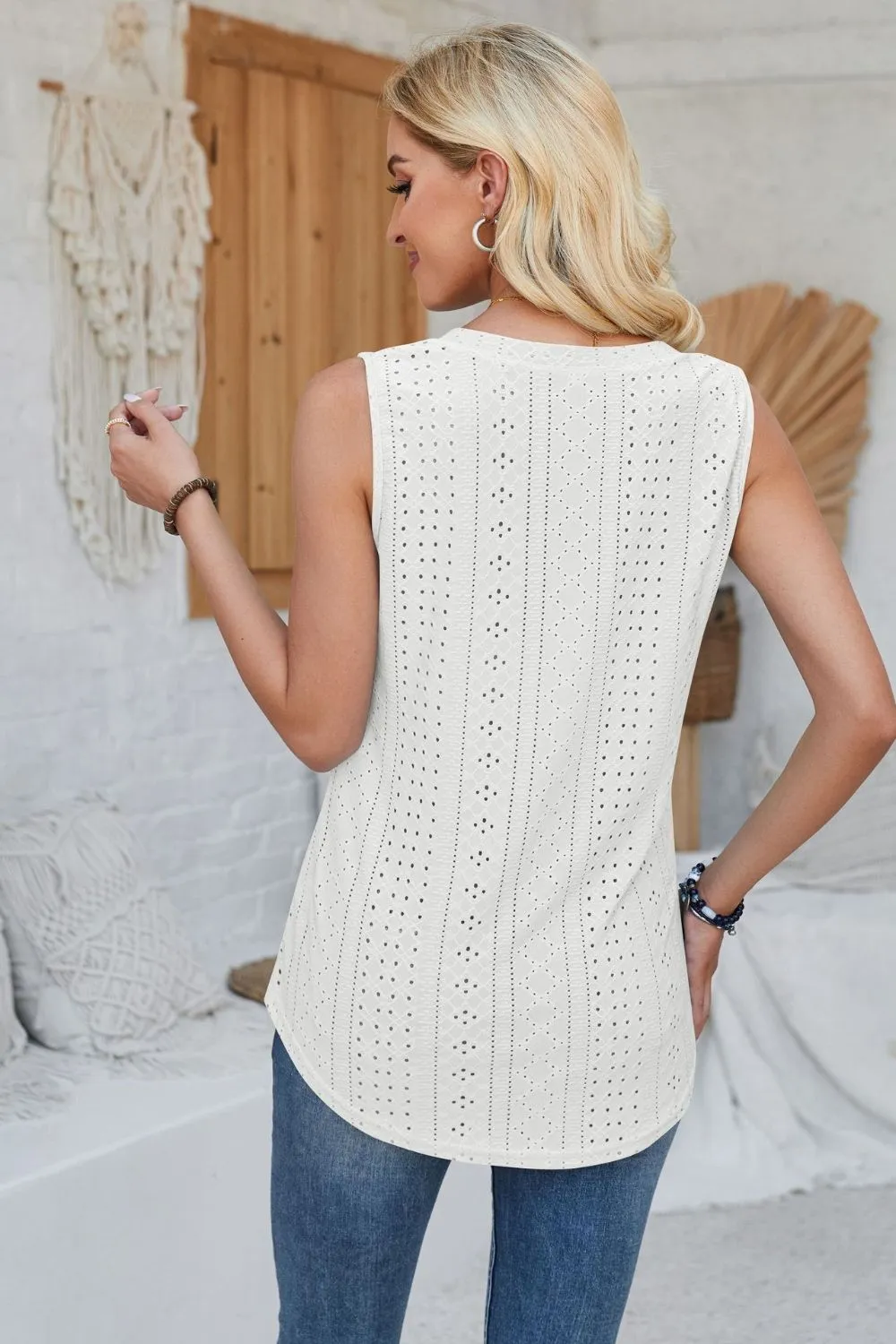 Eyelet Decorative Button V-Neck Tank, image 7