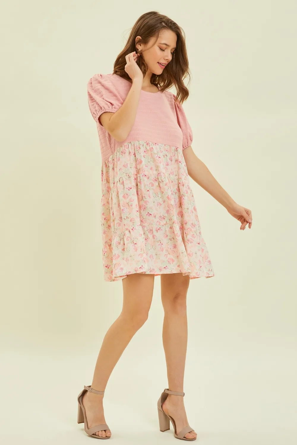 Full Size Round Neck Floral Ruffle Hem Mini Dress, image 3