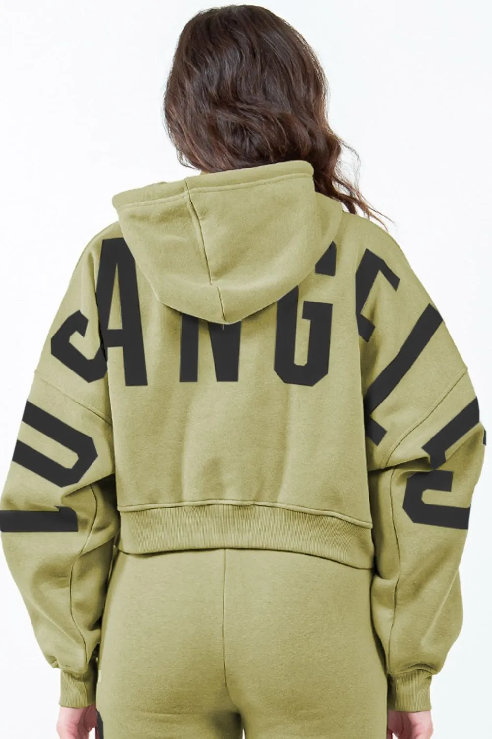 Letter Graphic Long Sleeve Drawstring Cropped Hoodie