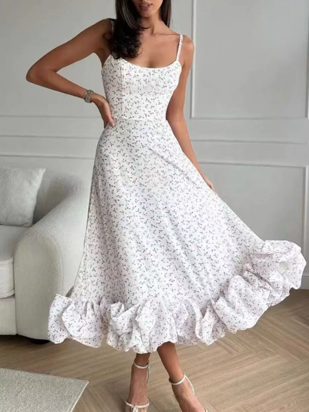 Floral Print Ruffle Hem Spaghetti Strap Midi Dress, image 3