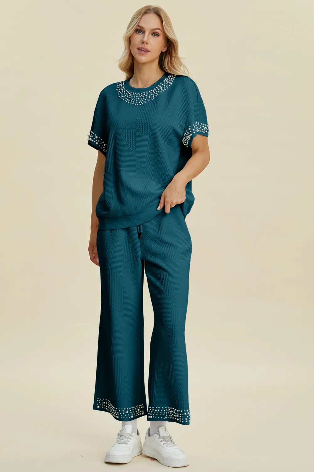 Full Size Pearl Detail Round Neck Top and Pants Set, image 8
