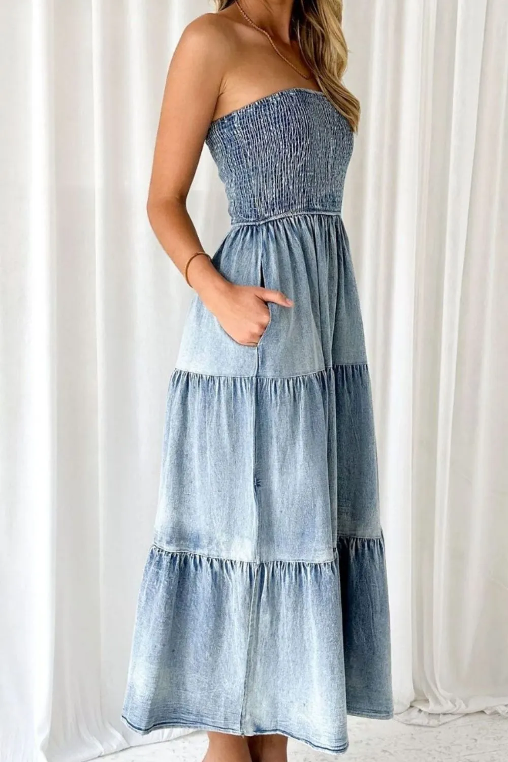 Smocked Tube Slit Tiered Denim Dress, image 3