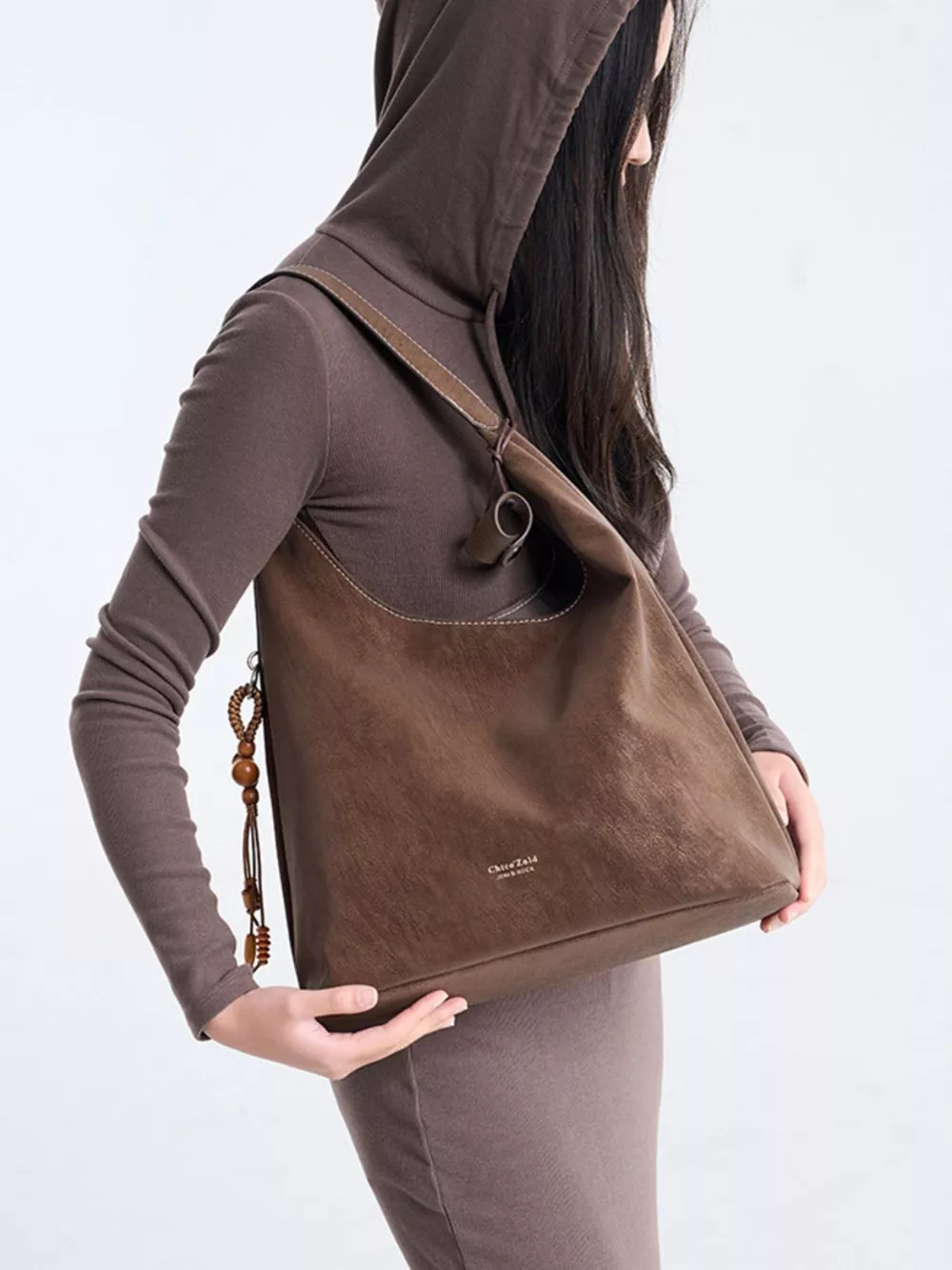 Suede Hobo Shoulder Bag with Decorative Tassel, image 5