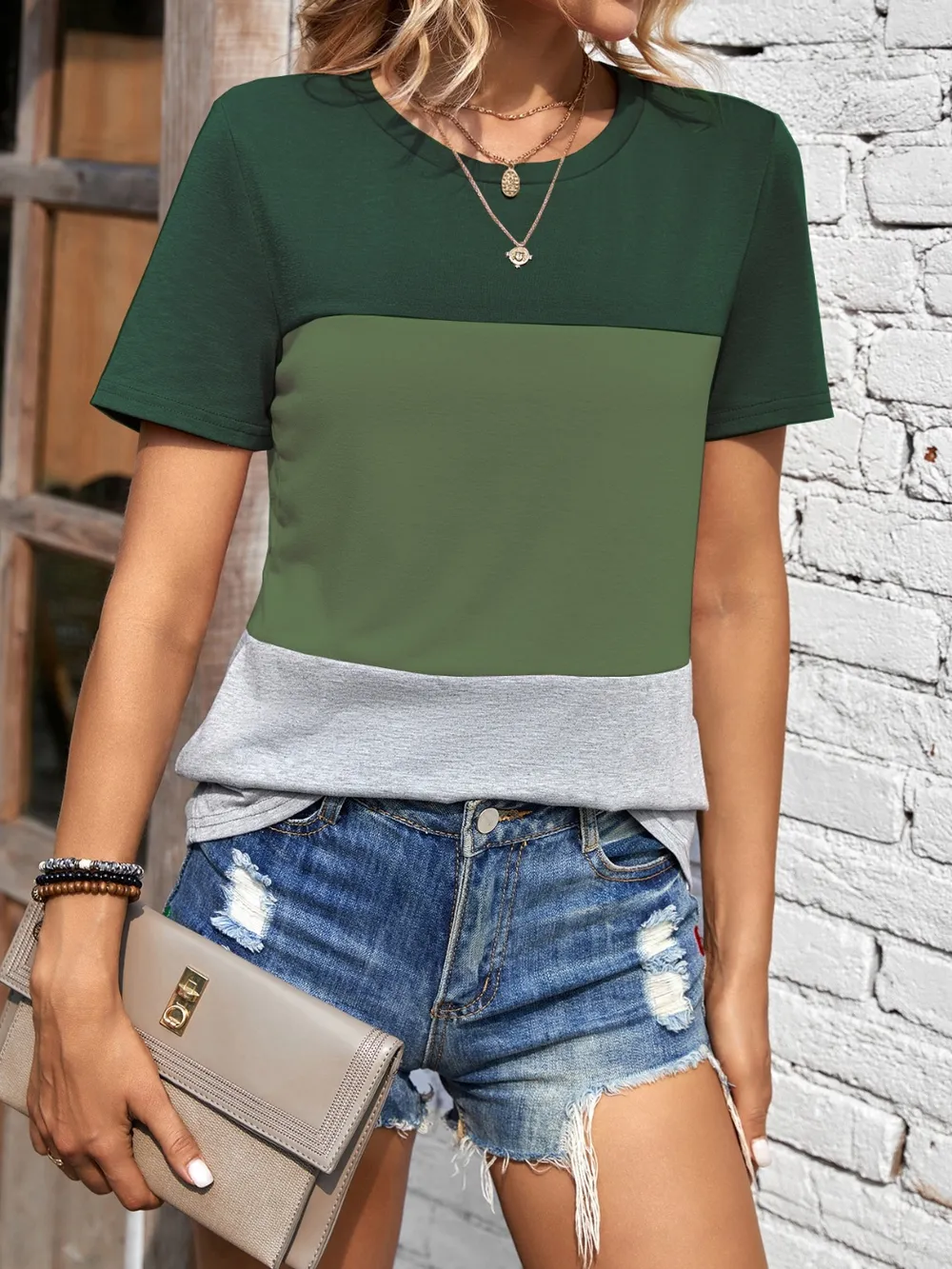 Color Block Round Neck Short Sleeve T-Shirt, image 18