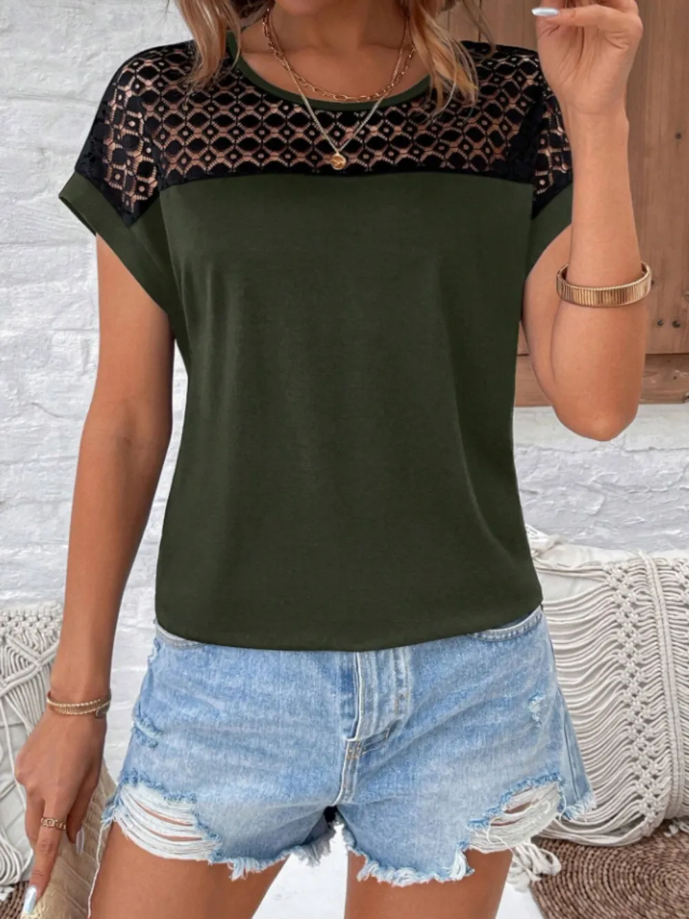 Lace Round Neck Short Sleeve T-Shirt, image 3