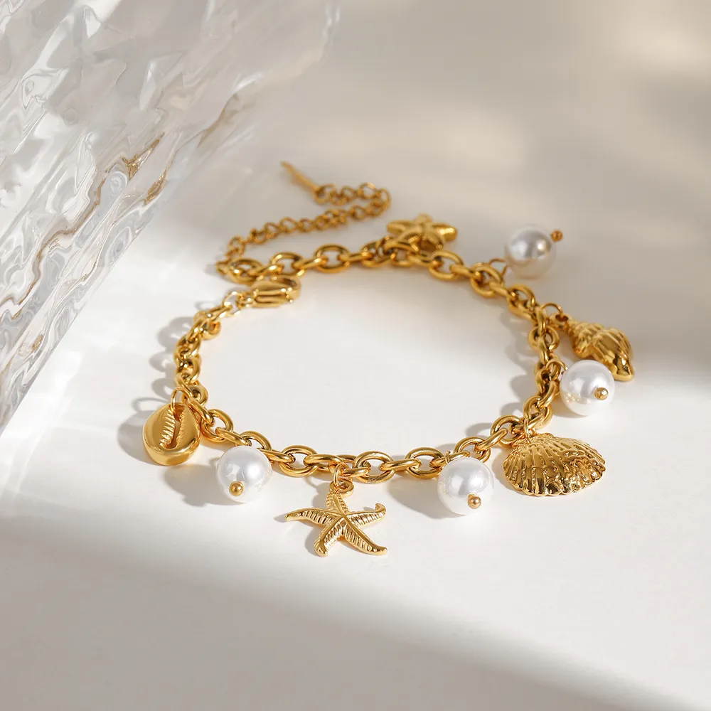 Ocean Theme Stainless Steel Chain Bracelet with Seashell and Starfish Pendants, image 3