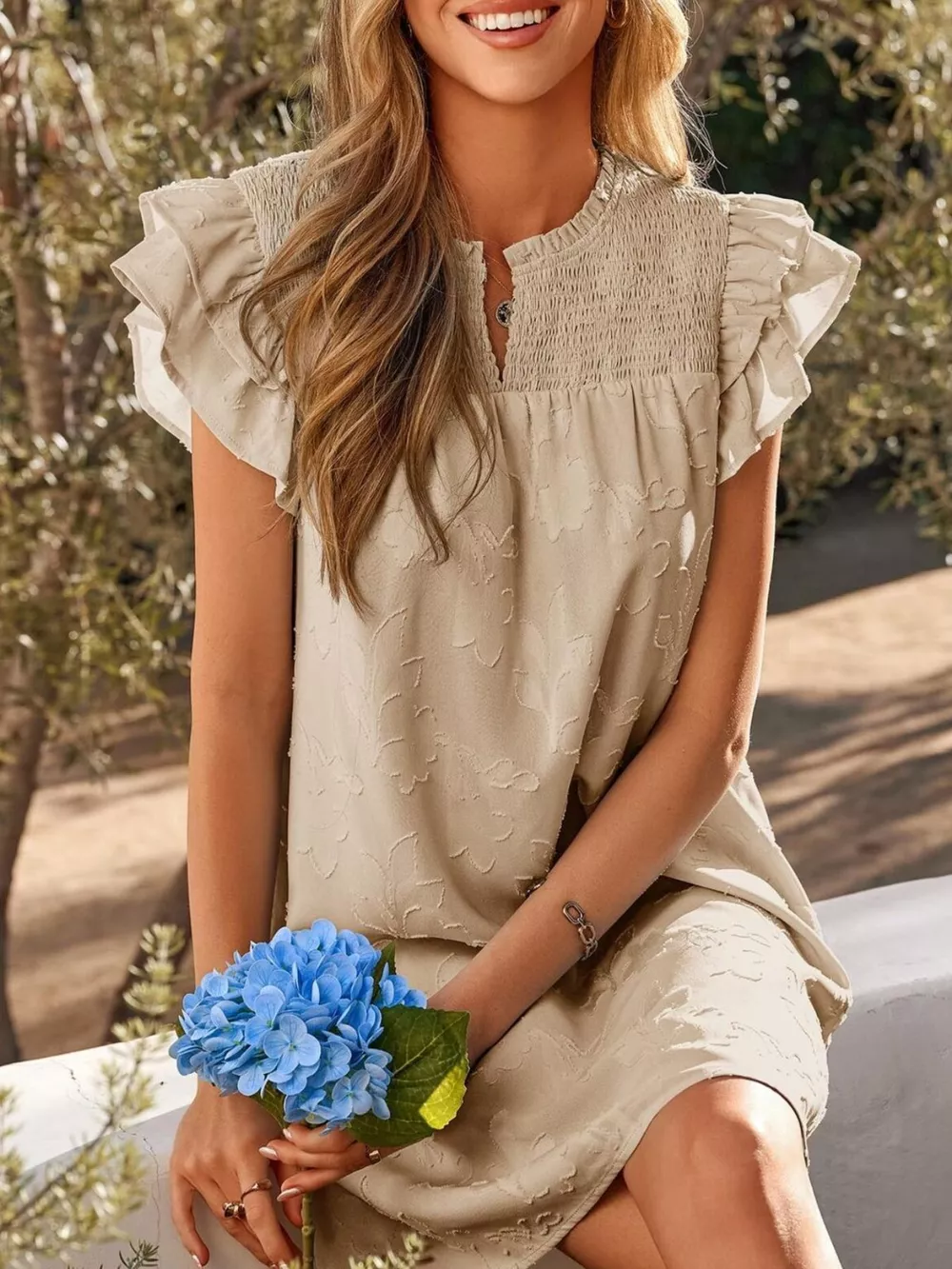 Floral Embossed Ruffle Sleeve Mini Dress, image 3