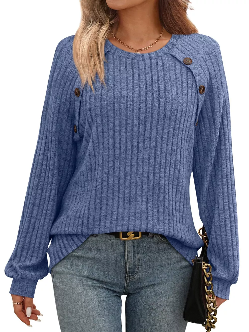 Ribbed Knit Decor Button Long Sleeve T-Shirt, image 17