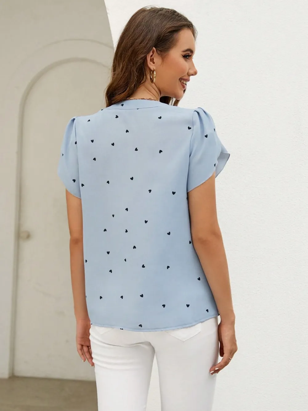 Heart Print Notched Petal Sleeve Blouse, image 11
