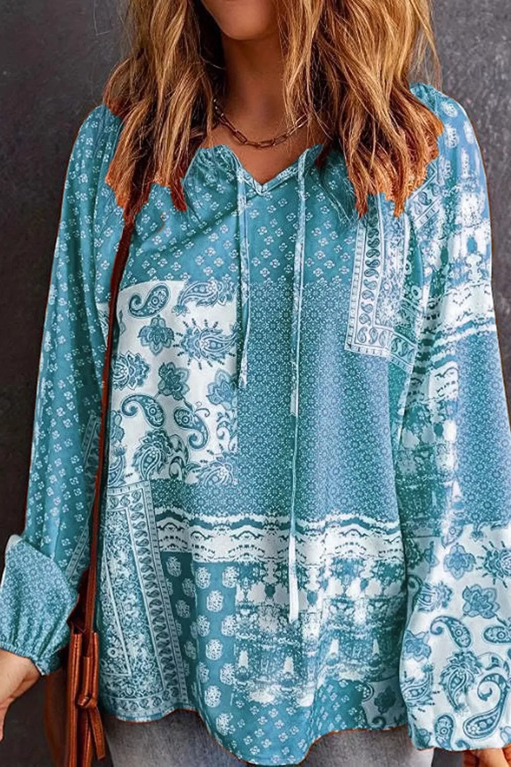 Full Size Paisley Print Tie-Neck Long Sleeve Blouse Plus Size, image 9