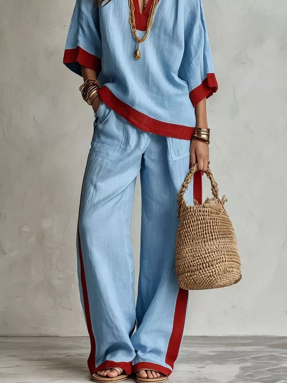 Full Size Contrast Trim Top and Wide Leg Pants Set Plus Size, image 6