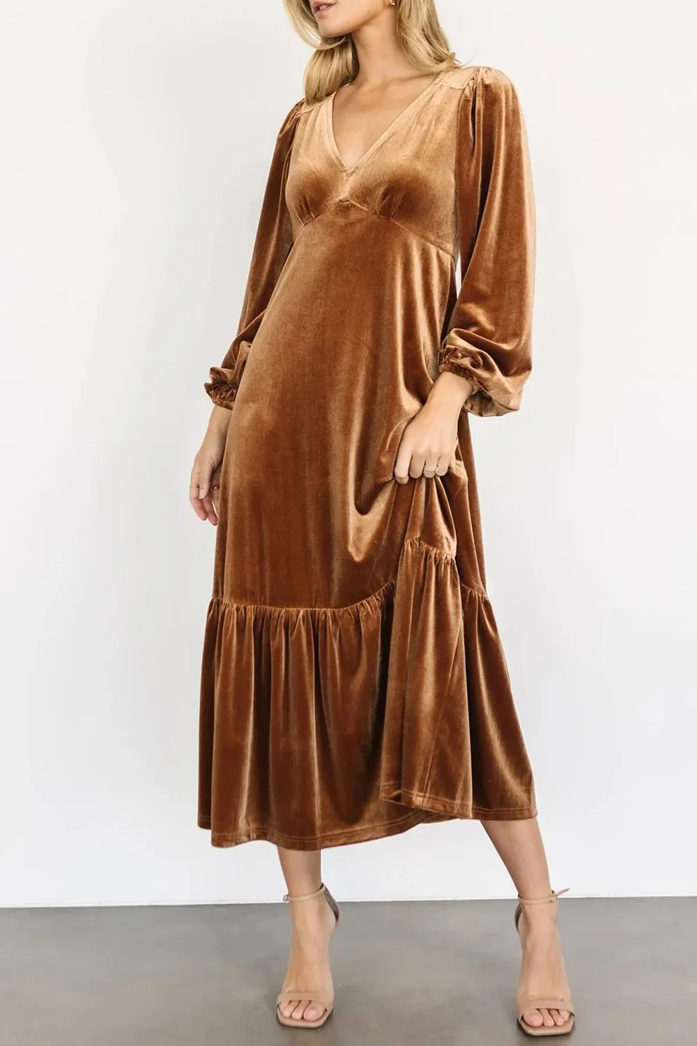 V-Neck Long Sleeve Midi Velvet Dress, image 7
