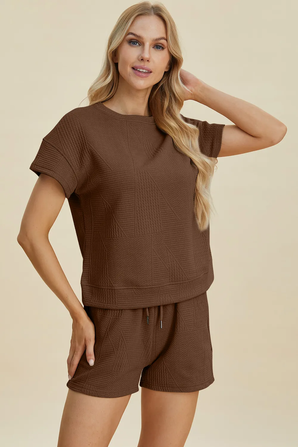 Full Size Texture Short Sleeve Top and Shorts Set, image 17
