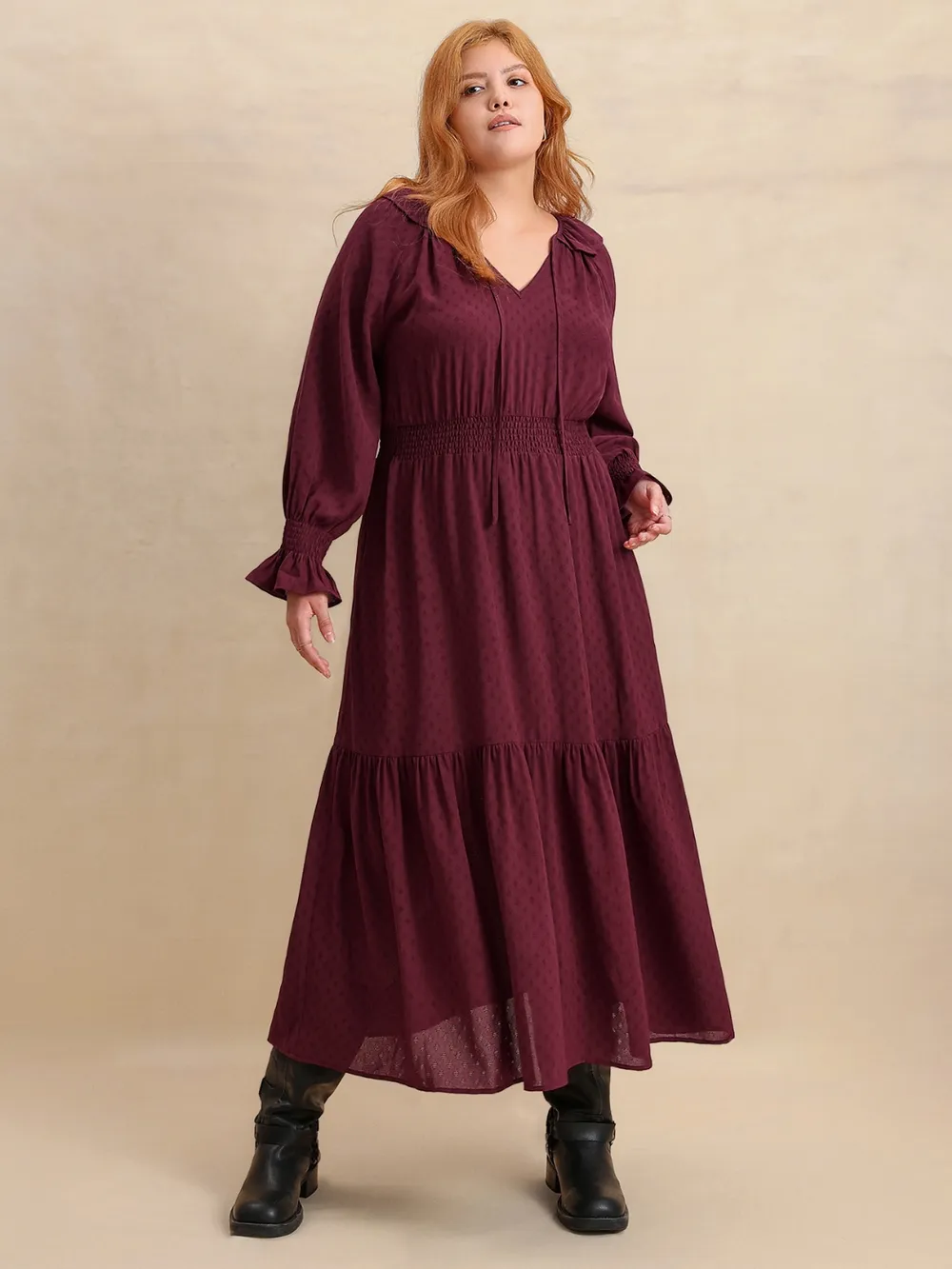 Plus Size Swiss Dot Tie Neck Flounce Sleeve Maxi Dress, image 5