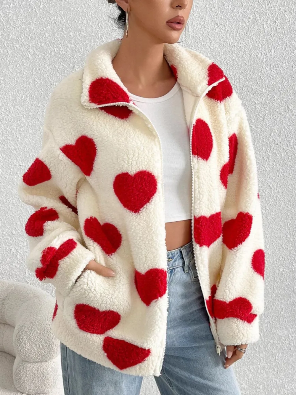 Heart Zip Up Drop Shoulder Furry Jacket, image 6