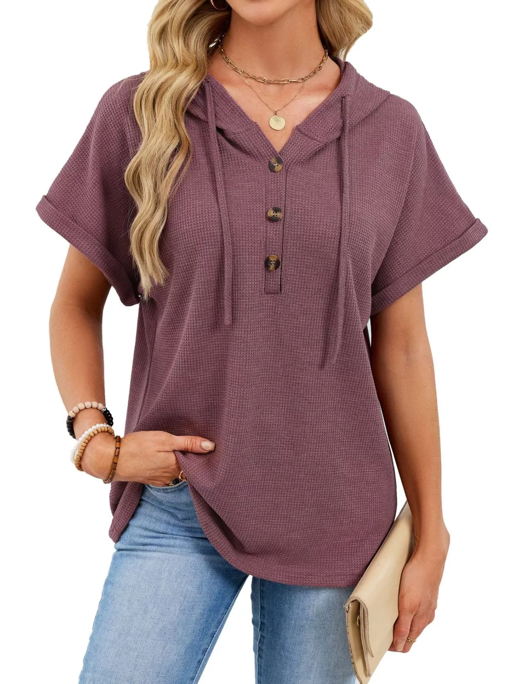 Casual Waffle Knit Button Detail Hooded Top, image 3