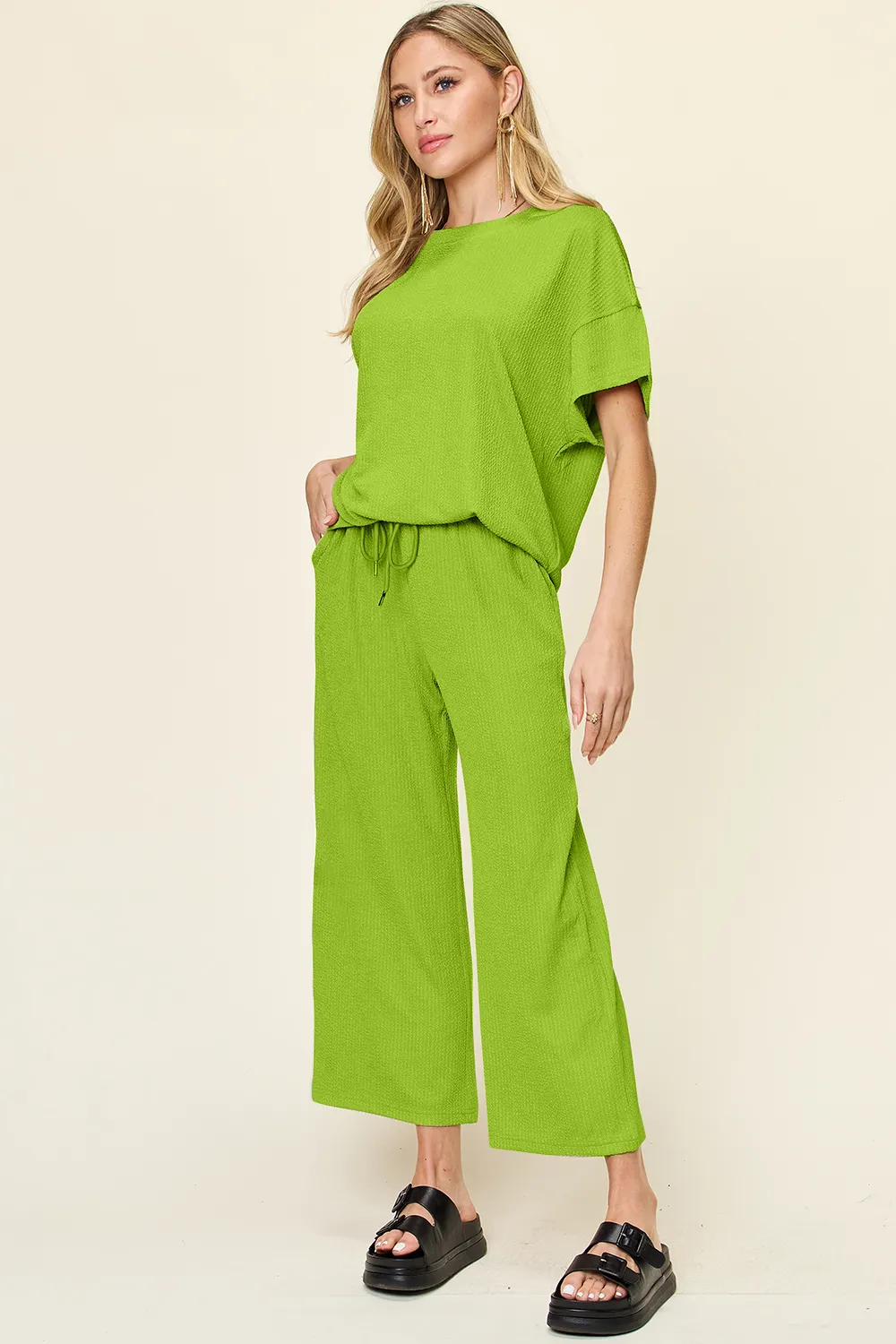Full Size Texture Round Neck Short Sleeve T-Shirt and Wide Leg Pants, image 13