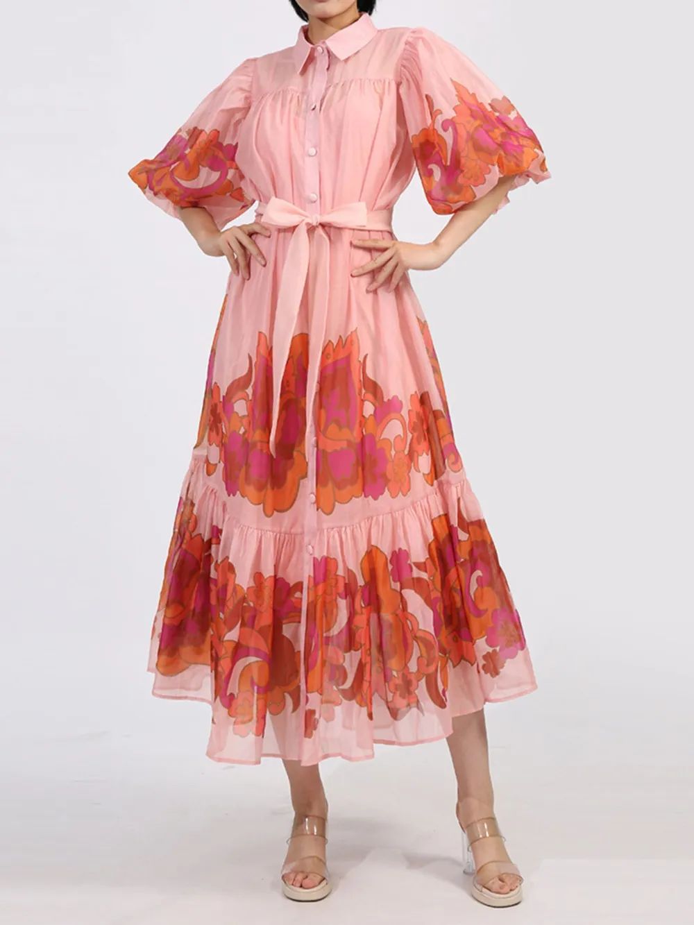 Button Front Puff Sleeve Dress, image 4