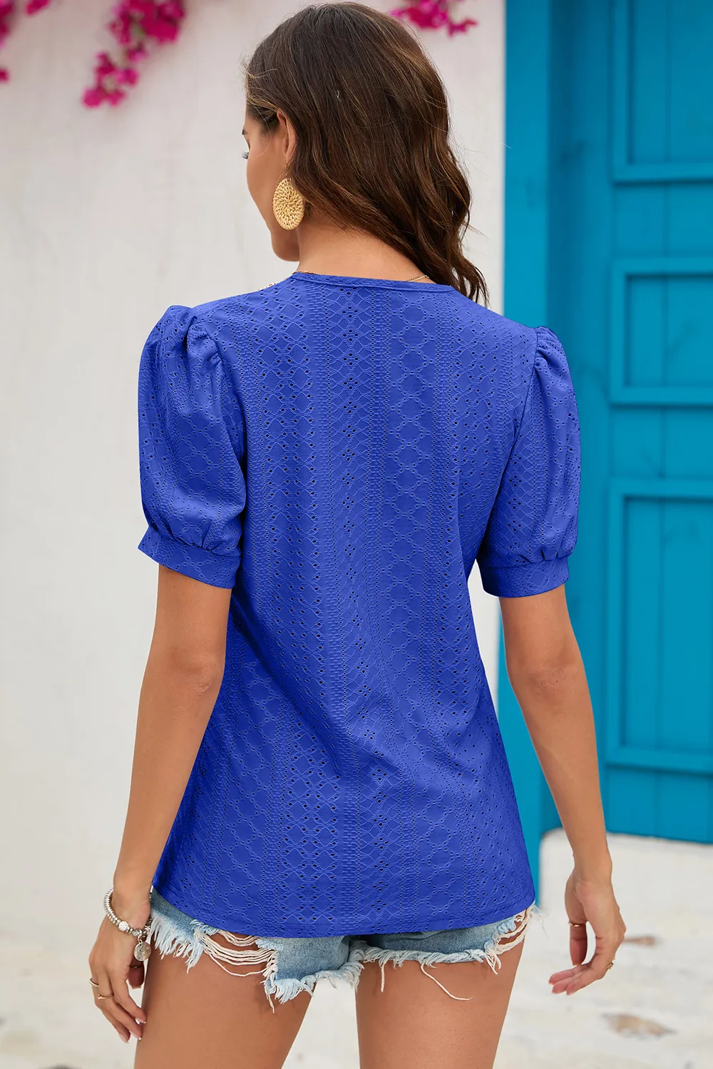 Eyelet V-Neck Short Sleeve T-Shirt, image 11