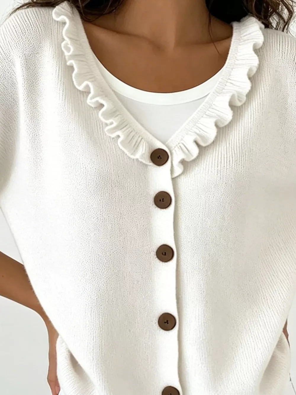 Ruffled Neckline Button-Up Cardigan, image 2