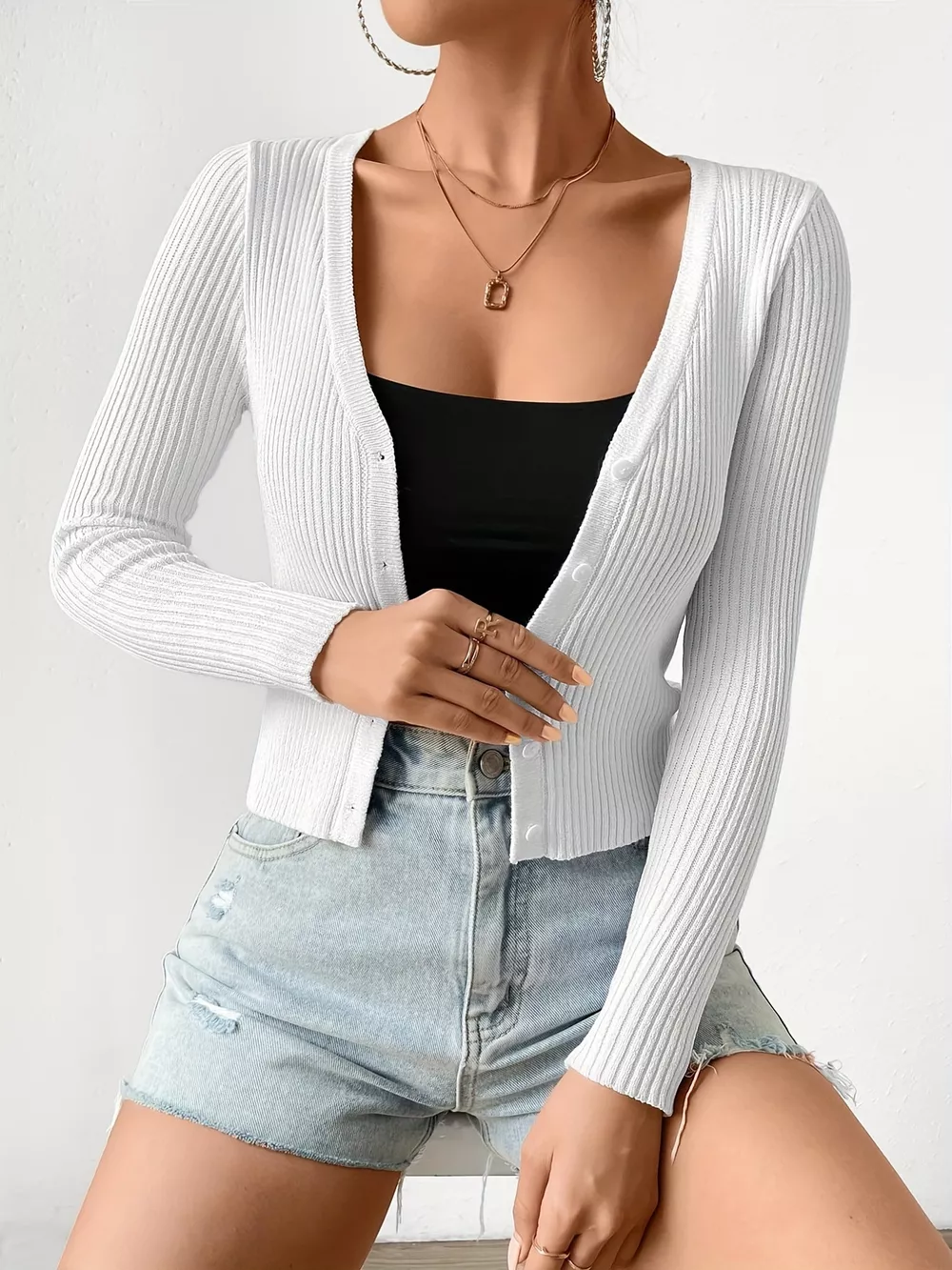 Ribbed Knit Button-Up Cardigan, image 6