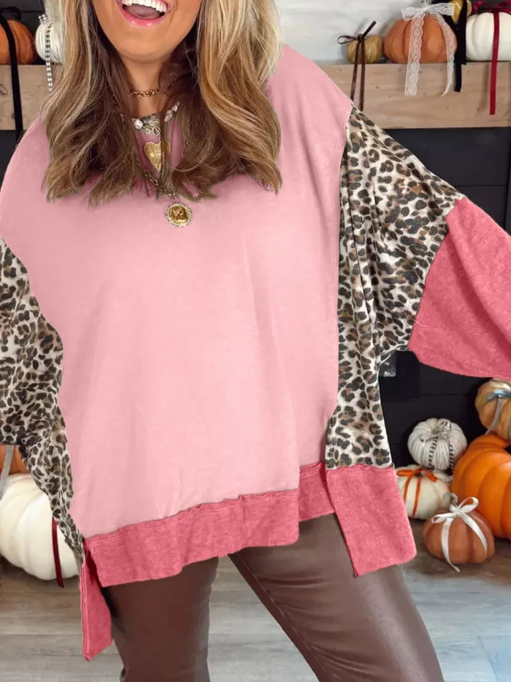 Color Block Leopard Round Neck Sweatshirt, image 2