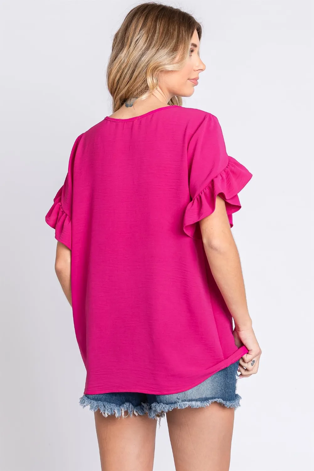 V-Neck Ruffle Trim Short Sleeve Blouse, image 2