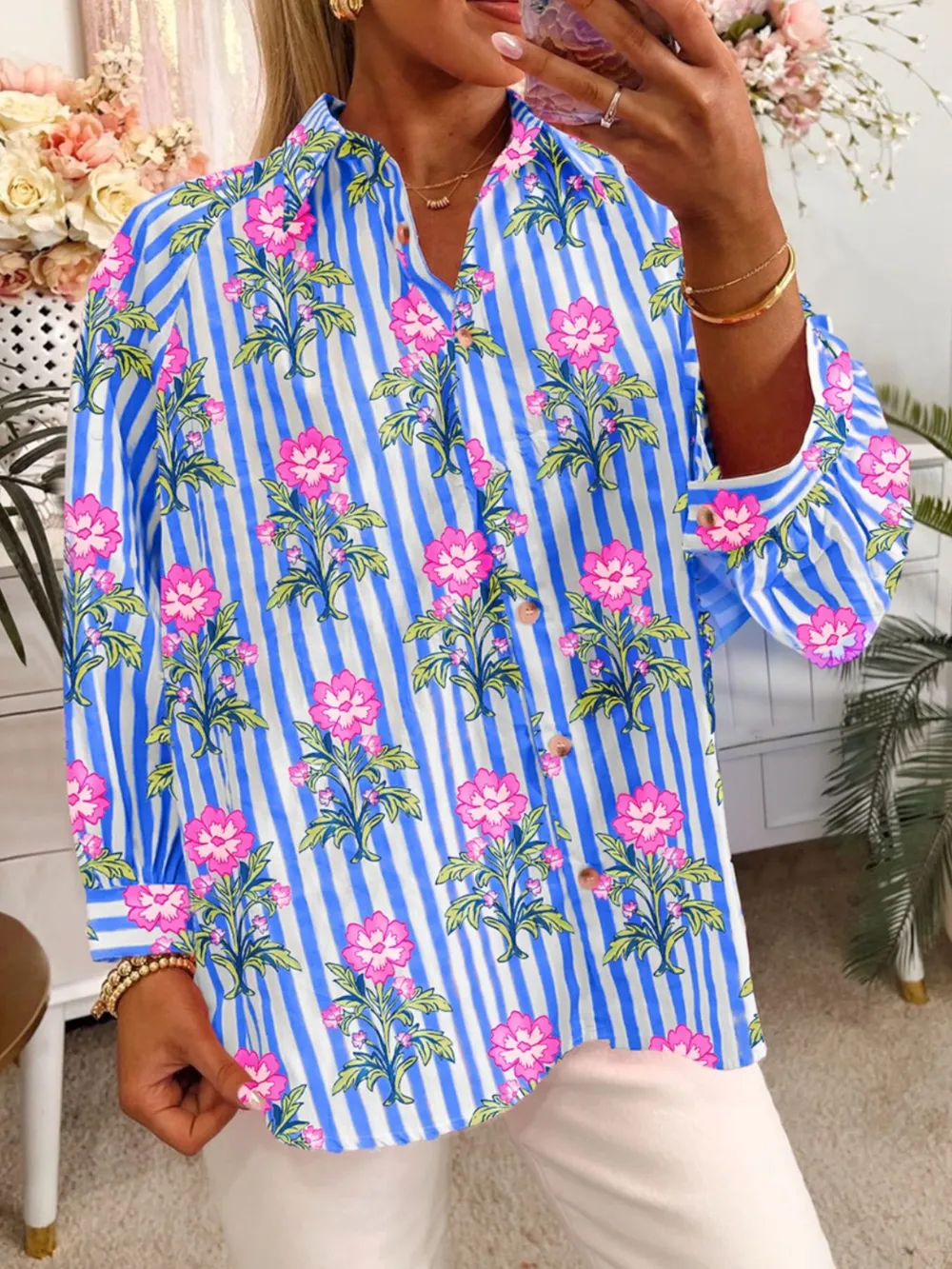 Floral Striped Button-Down Shirt, image 3