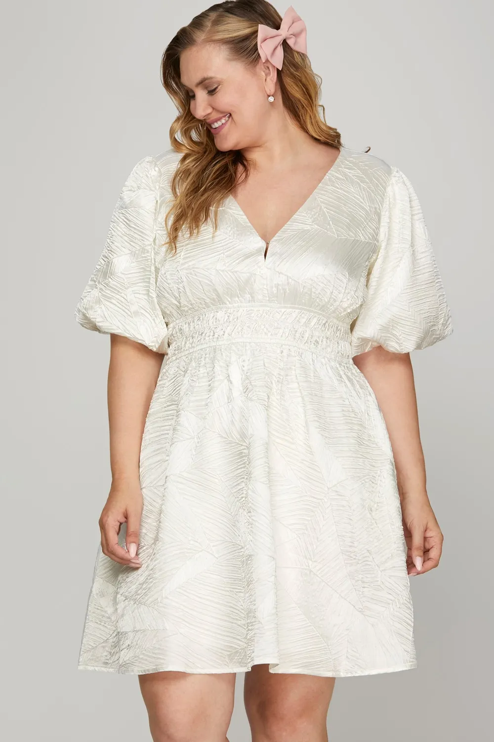 Crinkle Woven V-Neck Balloon Sleeve Mini Dress, image 3